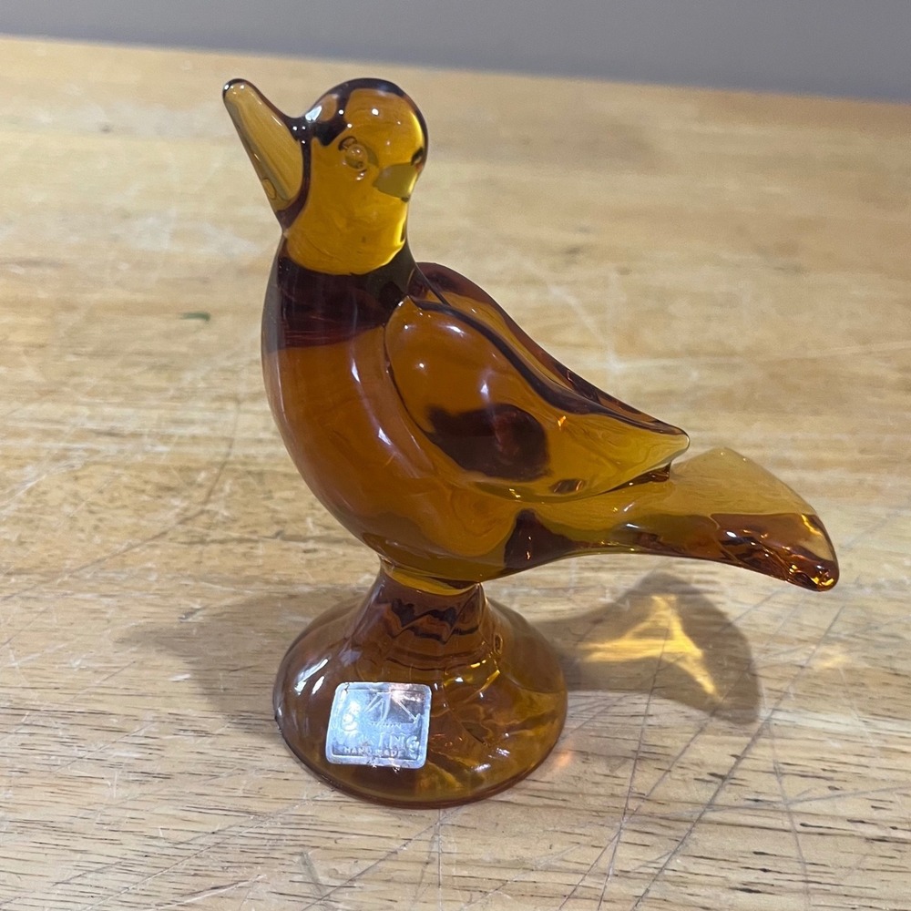 Vtg Viking Glass Amber Bird Figurine MCM Art Glass Pedestal Sparrow Label USA